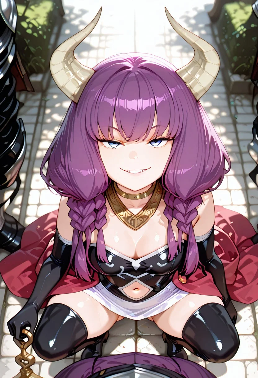 artist:moriimee, masterpiece, best quality, amazing quality, full body, extremely detailed face, perfect lighting, extremely detailed CG, (perfect hands, perfect anatomy), 8k, Ultra-HD, pov, from above, solo,
BREAK,
1girl, AuraSSnF, purple hair, low-braided long hair, blue eyes, demon horns, perfect face, light smile, smug, teeth, neck ring, necklace, black corset, small breasts, cleavage, navel cutout, white skirt, overskirt, purple skirt, elbow gloves, black gloves, thigh boots, black footwear, arm at side, holding scale, balancing scale, scales in balance, bowlegged pose, squatting, narrow waist, huge ass, wide hips, on toes, perfect feet, looking at viewers, 
BREAK,
BREAK, outdoors, detailed background, blurry background, multiple others, headless, knight, blurry, standing,