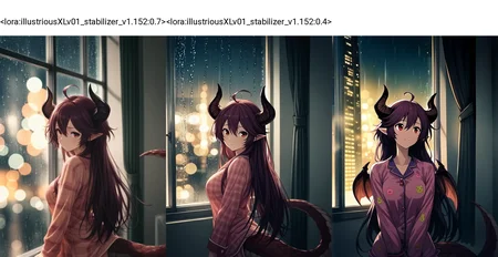 <lora:illustriousXLv01_stabilizer_v1.152:0.7>1girl,grea \(shingeki no bahamut\),long hair,closed mouth,rainbow pajamas,upper body,dragon tail,turning head,raindrop on window,city,bokeh,night,dark,indoors,masterpiece,