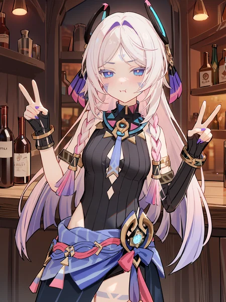 1girl, citlali \(genshin impact\), fingerless gloves, armlet, sarong, facial mark, bracelet, ring hair ornament, turtleneck leotard, leg tatoo, single gauntle, cowboy shot, standing, jitome, pout, drunk, looking at viewer, double v, bar \(place\), wine glass, indoors, depth of field <lora:Char-Genshin-Citlali-V1-XL:0.9>, masterpiece, best quality, very aesthetic, ray tracing, newest,(hitenkei, askzy:0.5), [<lora:detailed_notrigger:0.95>::0.5]