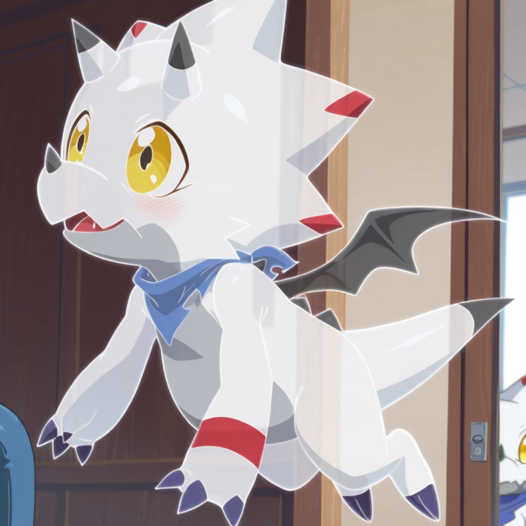 ((masterpiece, best quality, amazing quality,))  GammaGil, semi-anthro, Gammamon, ceratopsian, ghost form, outline, translucent body, white skin, yellow eyes, translucent blue neckerchief, horns, nose horn, tail, translucent character, translucent bat_wings, flying, inside
