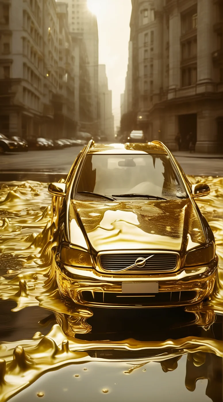 solvique car in big city, made of melting gold liquid, cinematic, enigmatic,  expressive <lora:solvique:0.9>