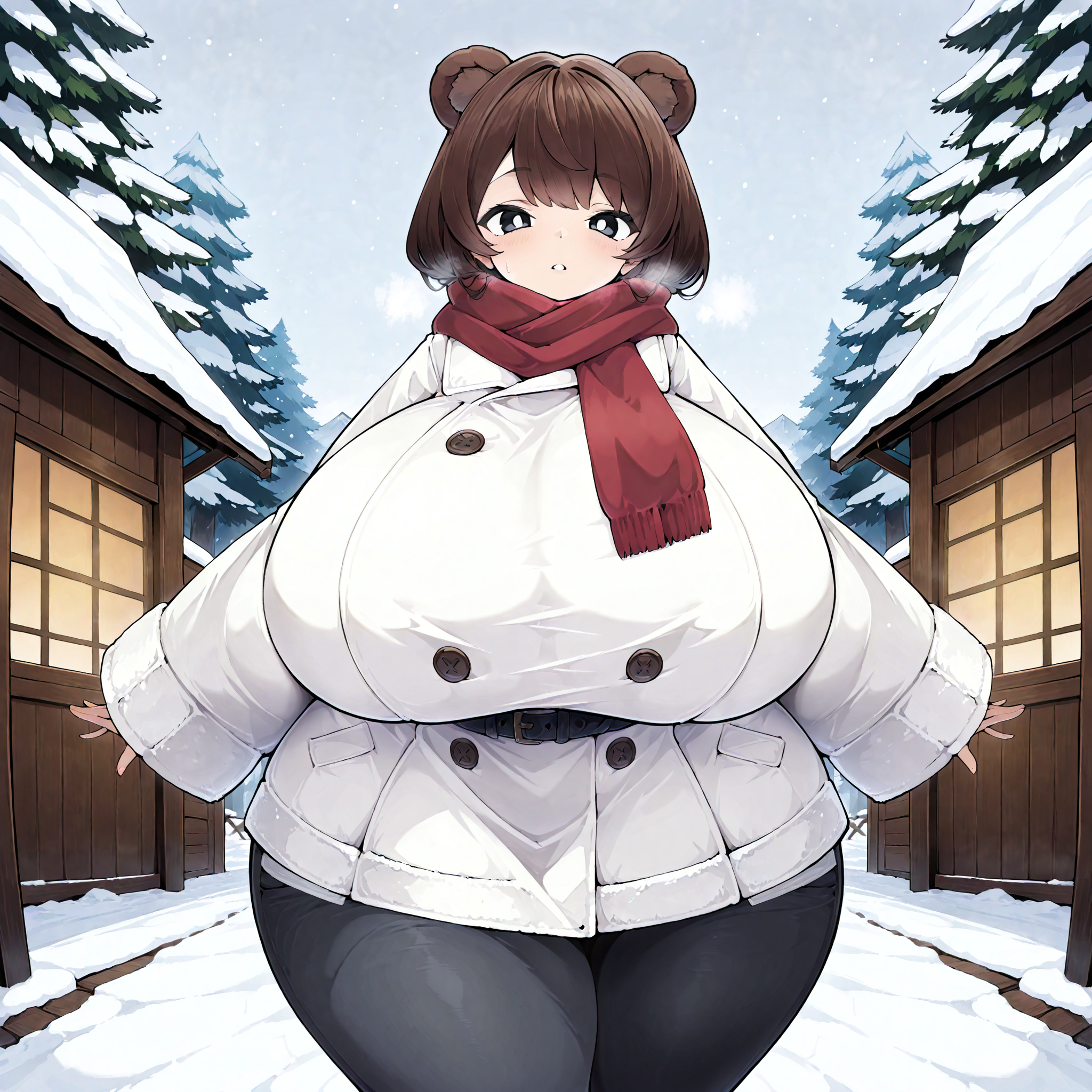 (masterpiece), best quality, (highly detailed), 1female, solo, <lora:490_style illustrious:0.8>, bear ears, brown hair, black eyes, gigantic breasts, wide hips, white winter coat, pants, fitting clothes, forest, snow, cabin, red scarf, looking at viewer, blank expression,