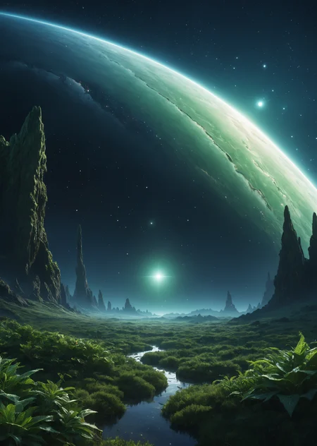 (digital art, high-resolution, detailed texture, atmosphere, award winning, stunning, masterpiece, best quality, absurdres, natural light, light particles)
a gorgeous starry midnight on a verdant alien planet, spectacular, breathtaking, gorgeous, beautiful, (lndskp style) and (redshift style:1.2)