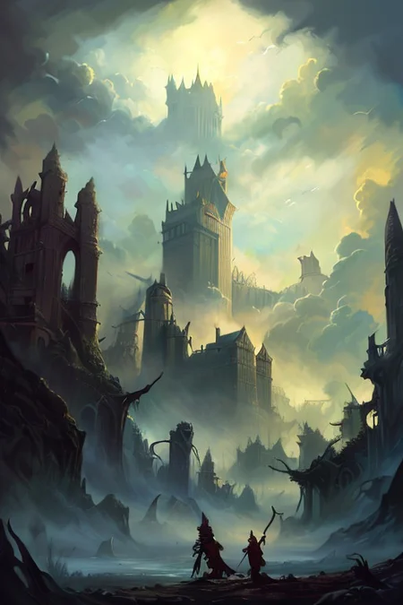 hyperrealism oil painting, ghost of the castle,
thunderstorm, and many small clouds, and slightly cloudy, fantasy forest,
an expansive ancient forest, featuring towering oaks, diverse wildlife, a variety of flora,FanRu,guiguai,
{dawn|dusk|night},