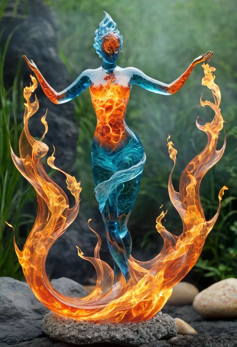 "Create a high-resolution photograph featuring the four elementals. Each elemental is distinct and personified, standing together in a harmonious group. The Water elemental appears as a fluid, graceful figure with cascading waves and droplets forming their body. The Fire elemental is a vibrant, dynamic figure with flames and embers dancing around their form. The Air elemental is an ethereal, wispy figure, surrounded by swirling winds and mist. The Earth elemental is a solid, sturdy figure, with rocks, soil, and plant life integrated into their form. The background should be a neutral, natural setting that highlights the unique qualities of each elemental."