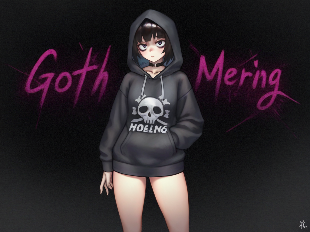 karaiwa style ,girl , goth m wearing a hoodie ,    <lora:bountystyle1:0.75>