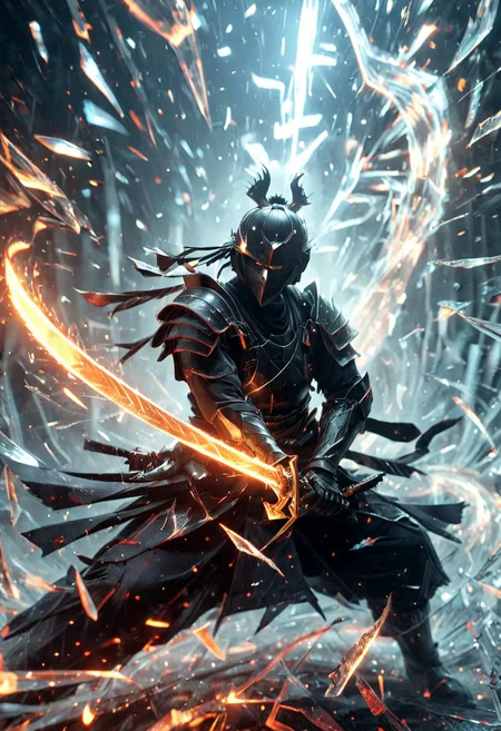 1man, Samurai, Incoming sword, broken glass, reflection, slash, shatter, fire element, holding sword, glowing sword, motion blur, emphasis line, outdoor in the darkness, looking viewer, text, "Z",