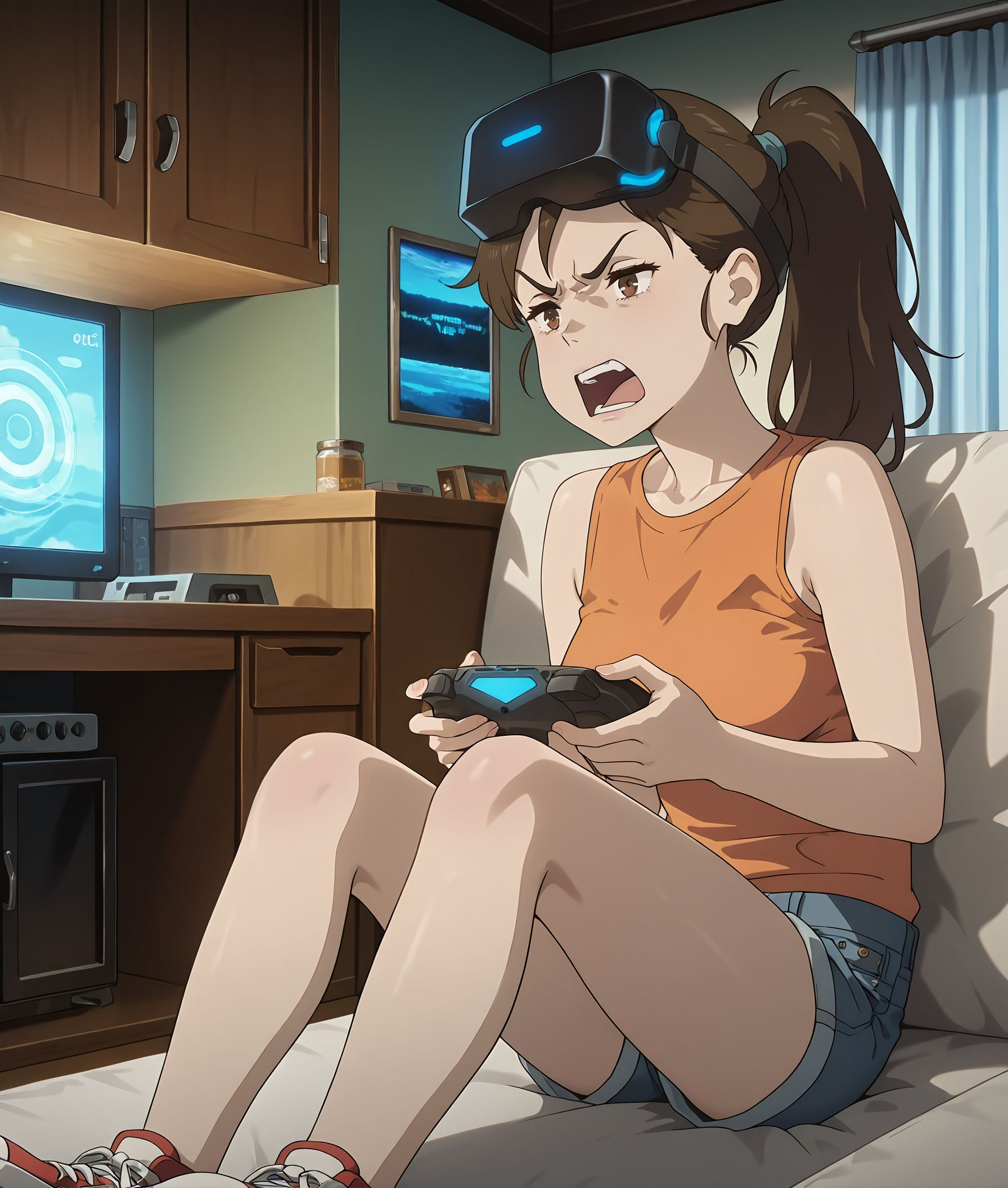 masterpiece,best quality,amazing quality,very aesthetic,absurdres,newest, huge filesize,
<lora:spo_sdxl_10ep_4k-data_lora_webui:0.5>,anime screenshot, 
<lora:add-detail-xl:1>
vr headset, indoors, long hair, open mouth, angry, playing games, holding console, tivi screen, sitting, indoor <lora:Concept_VR-headset:1>,
<lora:Robot_on_the_Road__mina__robot-000013:0.9>
Robot on the Road,
BREAK
1girl, 
brown hair,denim shorts,
shoes,brown eyes,
sneakers,r_mina,ponytail,
BREAK