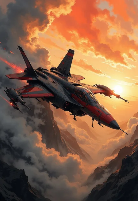 a_skynet_cyberdyne_craft, the image is featuring a, A dinkfsn style ink wash painting, intricate linework with expressive contrasts, gradient vibrant neon colour, rough, textural, broad brush strokes, a sleek variable fighter traversing the upper atmosphere, red and black fuselage, sunset, clouds