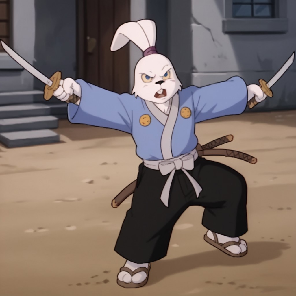 score_9, score_8_up, score_7_up, score_6_up, score_5_up, score_4_up, source_furry, Usagitmnt, anthro, male, rabbit, white fur, rabbit ears, buck teeth, blue eyes, yellow sclera, blue shirt, long sleeves, black pants, ears tied, topknot, purple hairband, socks, sandals, standing, outside, holding, katana, fighting stance