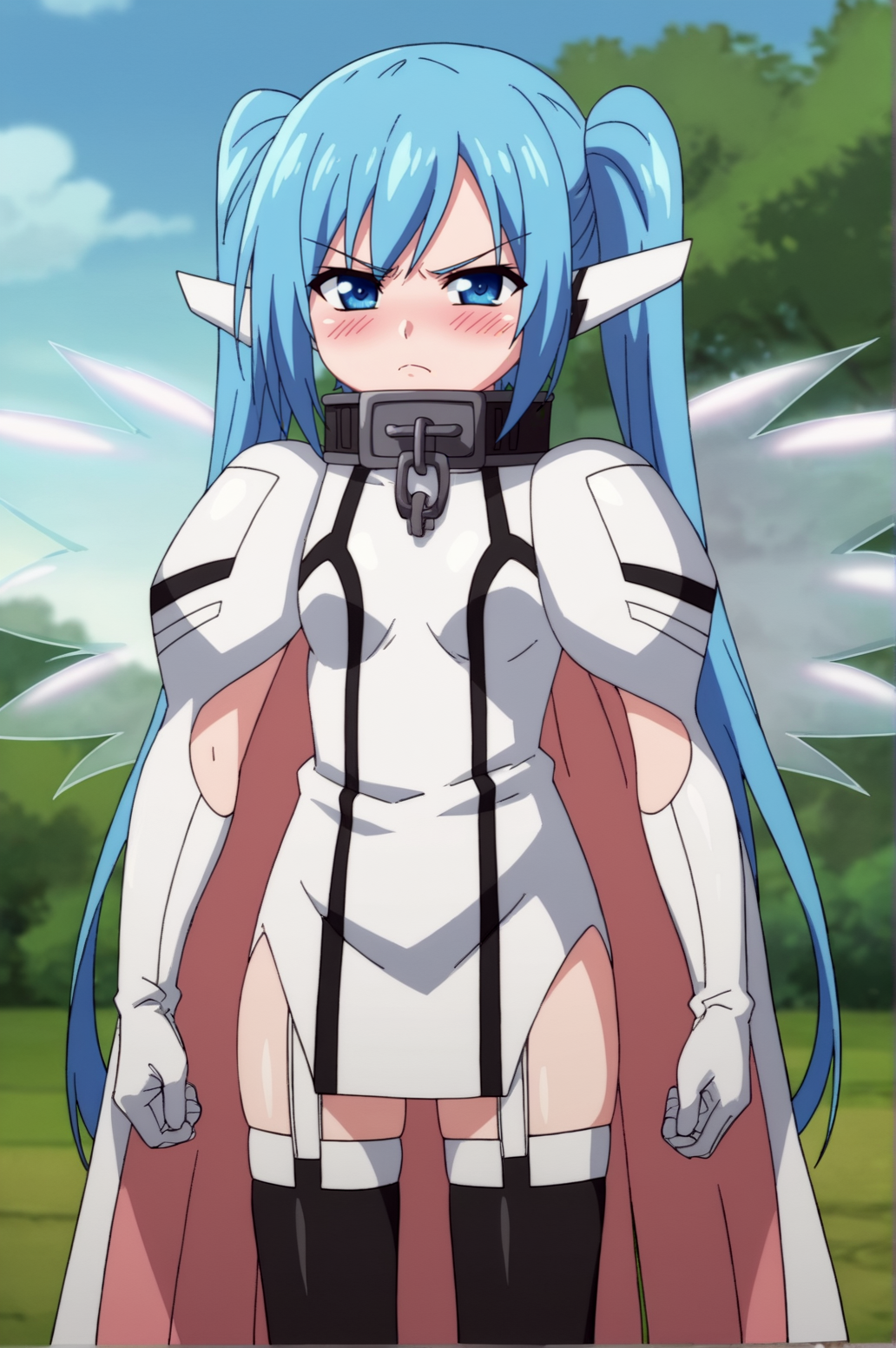 score_9, score_8_up, score_7_up,anime_source, source_anime, best background, detailed background, anime screencap,  nymph, 1girl, cape, collar, gloves, long hair, metal collar, solo, thighhighs, twintails, wings, blush, tsundere, seductive body, sexy, <lora:Nymph:0.8>