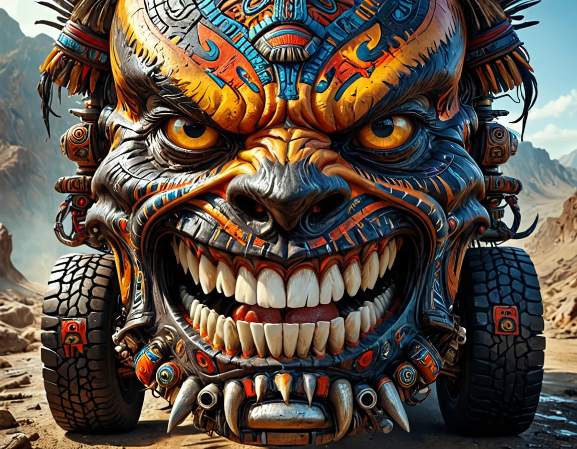 Tribal style, ((Aerial View)),high quality, masterpiece, truck transformed into a monster, snarl, grill as teeth, headlamps as fierce eyes <lora:EpicF4nta5yXL:0.6> <lora:add_sharpness:0.8> <lora:add-detail-xl:0.5> <lora:MJ52:0.6> <lora:DonM5h4d0wM317XL:0.4> DonM5h4d0wM317XL, Indigenous, ethnic, traditional patterns, bold, natural colors, highly detailed