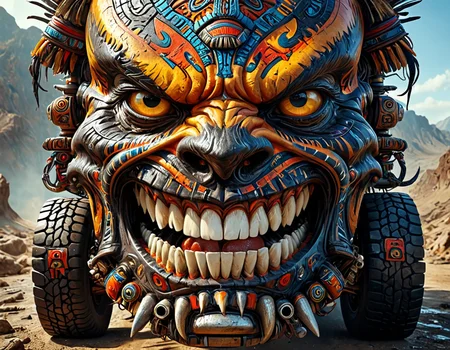 Tribal style, ((Aerial View)),high quality, masterpiece, truck transformed into a monster, snarl, grill as teeth, headlamps as fierce eyes <lora:EpicF4nta5yXL:0.6> <lora:add_sharpness:0.8> <lora:add-detail-xl:0.5> <lora:MJ52:0.6> <lora:DonM5h4d0wM317XL:0.4> DonM5h4d0wM317XL, Indigenous, ethnic, traditional patterns, bold, natural colors, highly detailed