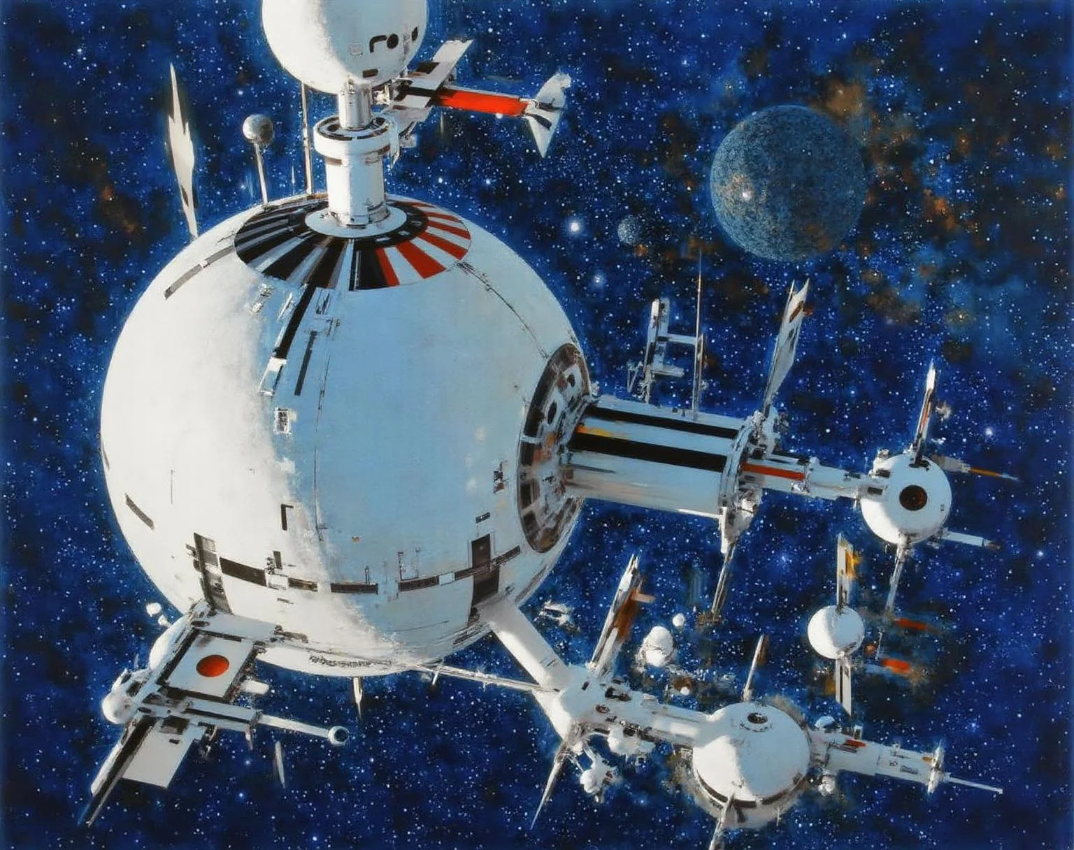 jober1 illustration.
A futuristic space station or satellite in the vast expanse of space. The space station, a complex structure, is primarily white with various appendages and modules extending from it. The main body of the station is spherical, with multiple rectangular and cylindrical modules attached to it. These modules have various colors including red, black, and blue, adding contrast to the predominantly white structure.
<lora:jober1_cap_d6a3e12:1.0><lora:819165506192920173:0>