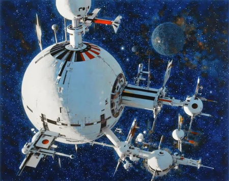 jober1 illustration.
A futuristic space station or satellite in the vast expanse of space. The space station, a complex structure, is primarily white with various appendages and modules extending from it. The main body of the station is spherical, with multiple rectangular and cylindrical modules attached to it. These modules have various colors including red, black, and blue, adding contrast to the predominantly white structure.
<lora:jober1_cap_d6a3e12:1.0><lora:819165506192920173:0>