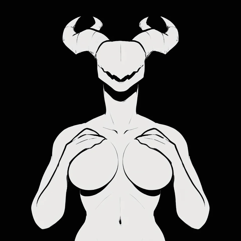 <lora:wrnsignPDXL:1> black background, black lineart, white body, lineless, flat colors, score_7_up, score_6_up, score_5_up, score_4_up, solo, front view, upper body BREAK
scalie, anthro, eyeless, horns, nude, breasts, hand on breast