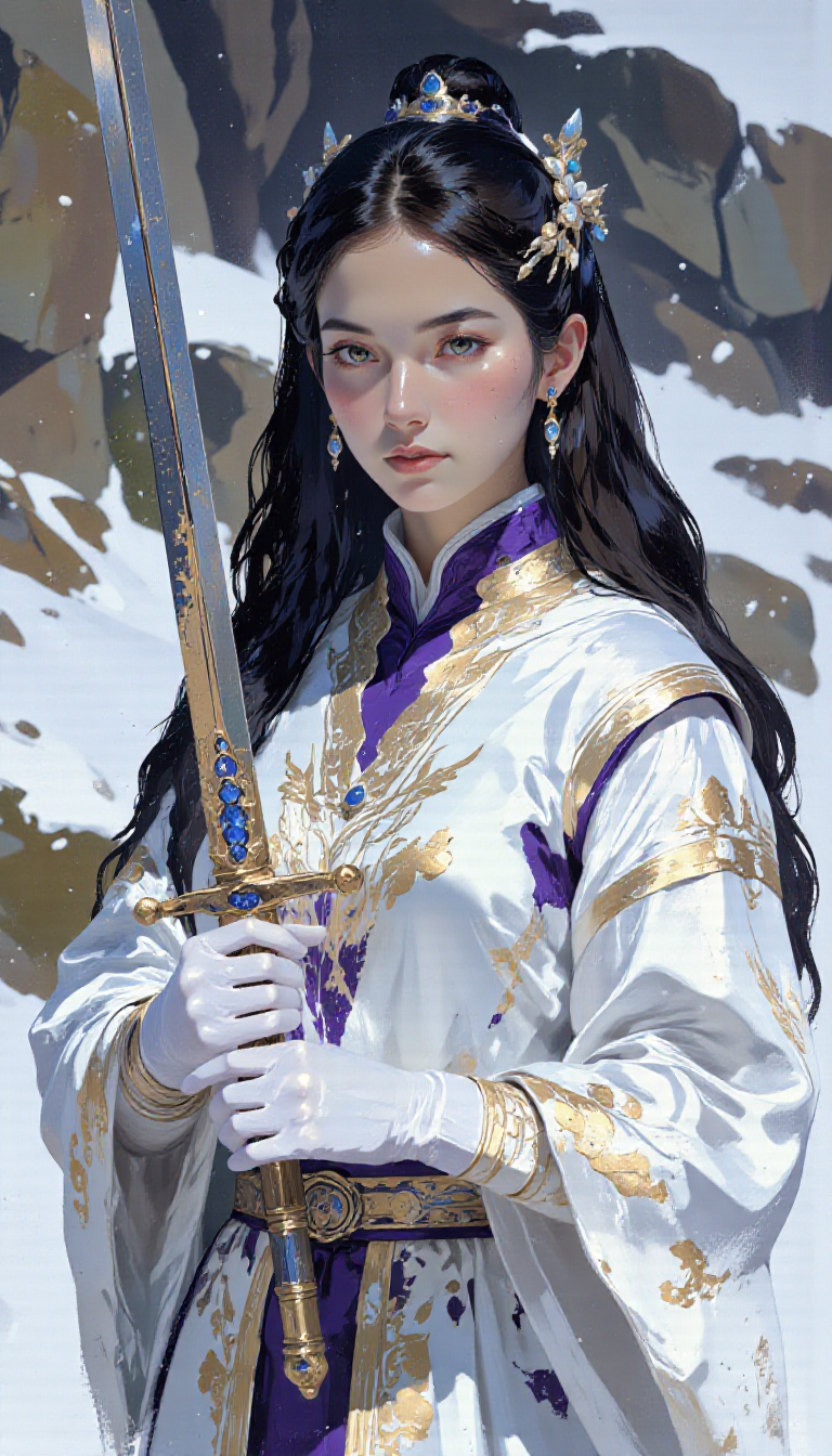 pscho_4rt,mythp0rt,very wide angle, put subject further away, small subject, A photo-realistic shoot from a profile camera angle about a woman holding a sword in a snowy landscape, dressed in traditional clothing. the image also shows intricate details and soft lighting, with a focus on the subject. on the middle of the image, a young asian woman with long black hair, wearing a white and purple hanbob with intricate designs, is holding a large, ornate sword with a blue and gold hilt. she appears to be in her early twenties, with closed eyes and a serene expression. her hair is styled in a long, straight look, and she is wearing white gloves on her hands. the background is blurred, with snow-covered rocks and a hint of greenery, giving the image a wintery feel.  1girl, solo, long hair, looking at viewer, gloves, holding, closed mouth, upper body, outdoors, hair ornament, white gloves, blurry, blurry background, facial mark, holding weapon, snow, traditional clothes, hair stick, snowing, holding sword  camera_angle: profile, art_style: photo realistic, location: outdoor, background: snowy landscape with hints of rocks and greenery in the background, text: NA, image_composition: middle, clothing: white robe with intricate patterns, hair_color: black, distance_to_camera: close up, hair accessory: hairpin, facial_expression: serene, action: holding sword, accessory: ornate weapon with blue accents, pants: NA