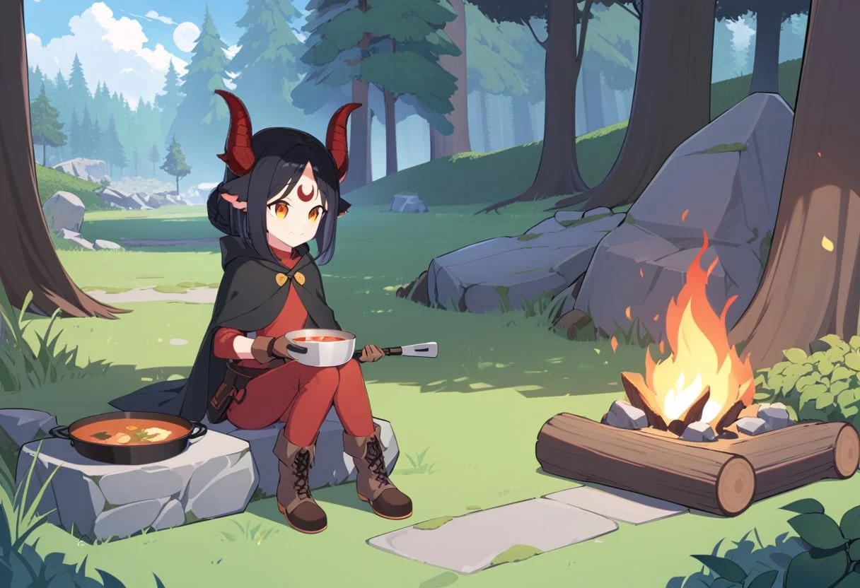 Aluki, 1 girl, solo,moon mark on forehead, only jet black hair, orange eyes, black goat ears only, red goat horns, medium hair, orange eyes, blue eyeliner, no human ears, 1girl, braid, weapon, grass, boots, rock, sitting, outdoors, food, long hair, cooking, cape, plant, nature, moss, fire, wide shot, smile, brown footwear, wood, hood down, holding, tree, fantasy, scenery, leaf, water, log, forest, brown gloves, closed mouth, red pants, ruins, hooded cloak, stone, bush, sunlight, fence,