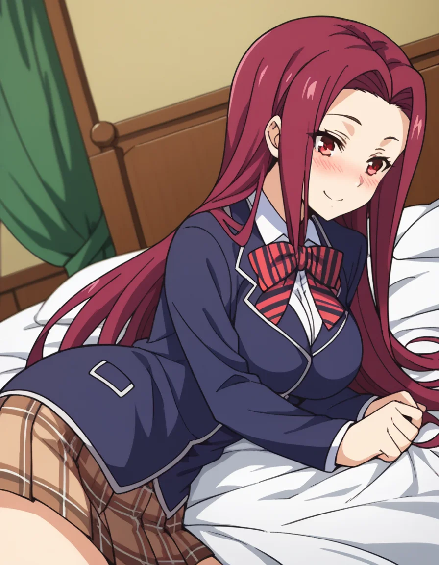 score_9, score_8_up, score_7_up, source_anime, <lora:ryouko-sakaki-s1-ponyxl-lora-nochekaiser:1>, ryouko sakaki, long hair, red eyes, red hair, forehead, large breasts,, bow, school uniform, striped, bowtie, blazer, striped bowtie, blue blazer, brown skirt, plaid skirt, plaid,, indoors, bed, bed room, on side, blush, drunk,, smile, , arm bent at elbow, solo,, cowboy shot, dutch angle