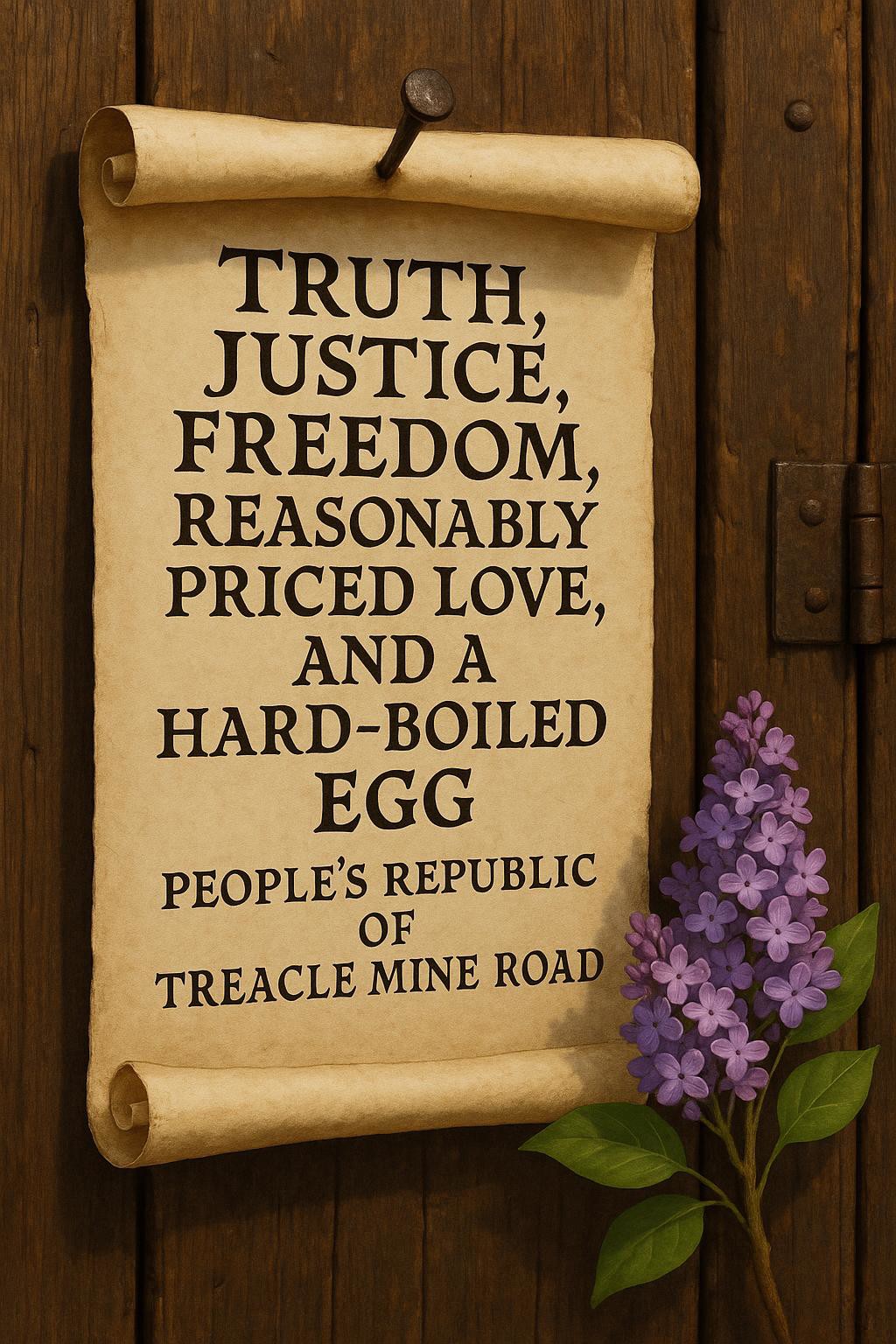 An official looking declaration scroll pinned to a wooden door, medieval, text "Truth, Justice, Freedom, Reasonably Priced Love, and a Hard-Boiled Egg", "People's Republic of Treacle Mine Road", a sprig of lilac flower in the foreground
