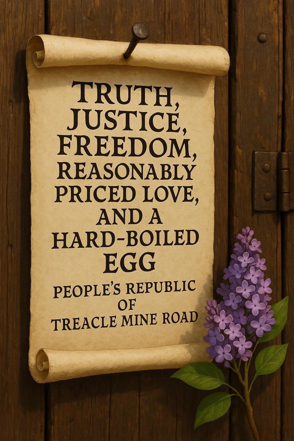 An official looking declaration scroll pinned to a wooden door, medieval, text "Truth, Justice, Freedom, Reasonably Priced Love, and a Hard-Boiled Egg", "People's Republic of Treacle Mine Road", a sprig of lilac flower in the foreground