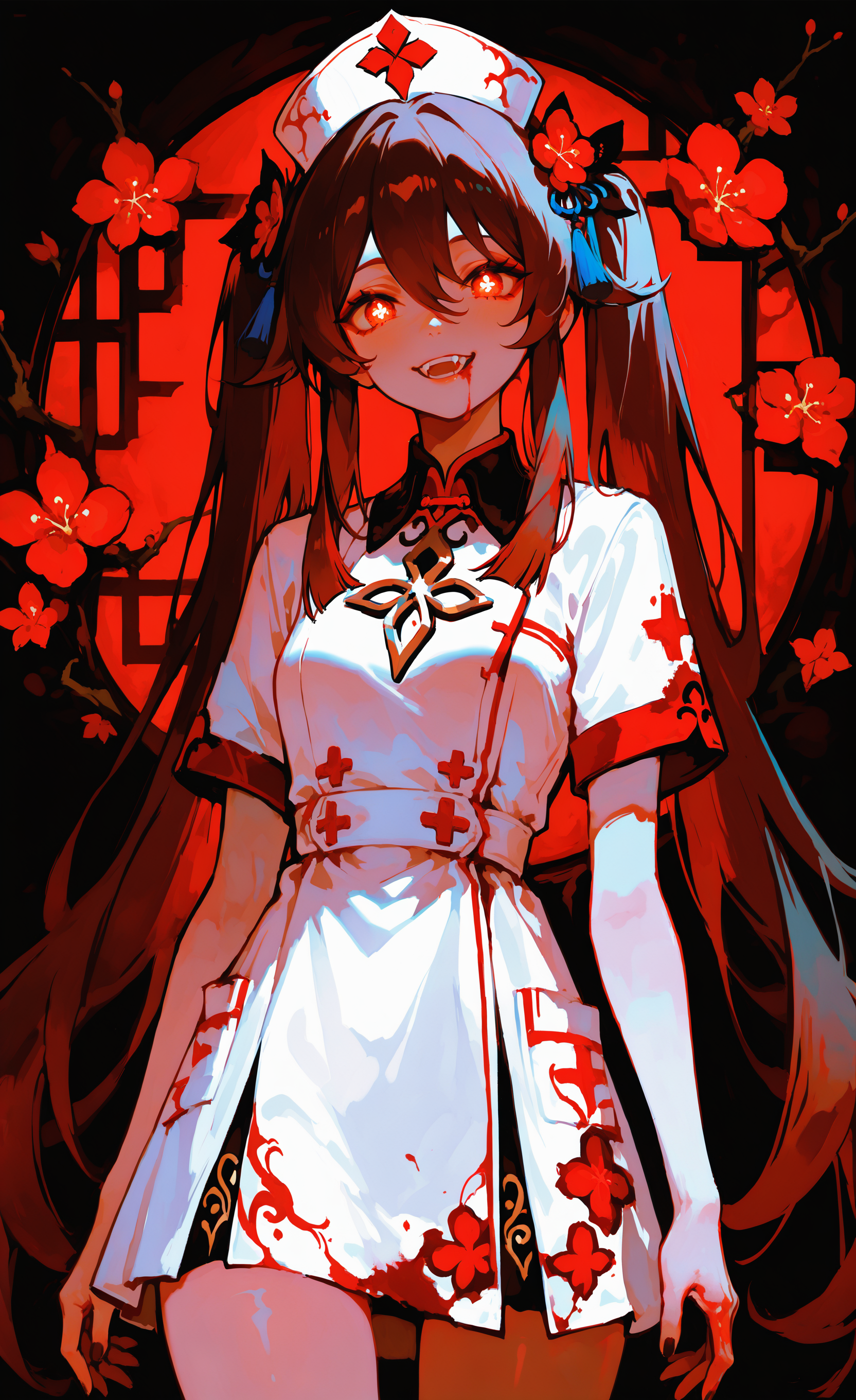 masterpiece, best quality, good quality, very aesthetic, absurdres, newest, hu_tao_\(genshin_impact\), 1girl, solo, long_hair, breasts, looking_at_viewer, smile, open_mouth, brown_hair, red_eyes, dress, hat, hair_between_eyes, very_long_hair, twintails, standing, flower, multicolored_hair, short_sleeves, sidelocks, red_hair, teeth, white_dress, symbol-shaped_pupils, gradient_hair, blood, white_headwear, glowing, fangs, red_flower, bright_pupils, tassel, red_background, glowing_eyes, white_pupils, blood_on_face, collared_dress, nurse_cap, hat_flower, blood_on_clothes, nurse, red_theme, blood_on_hands, flower-shaped_pupils, plum_blossoms <lora:ponyv5_noobE11_1_adamW-000013:0.8> <lora:EtherSDXL:0.3> <lora:748cmSDXL:0.7>