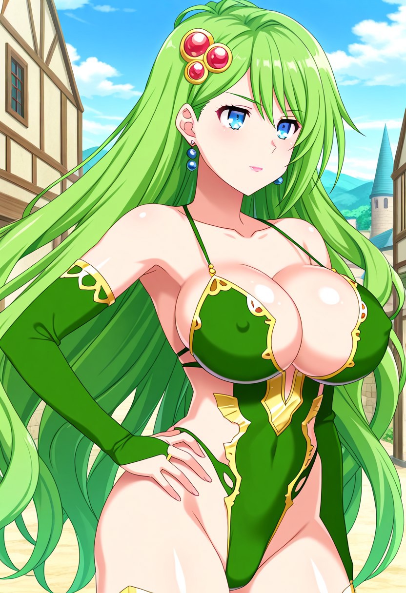 official art, detailed anime, ultra detailed anime art, anime screencap, screencap, score 9, score 8 up, score 7 up, masterpiece, anime coloring, source anime,
BREAK
RydiaMageTAY, 1girl, solo, long hair, green hair, blue eyes, very long hair, pink lips, large breasts, aged up,  shiny skin, smoothy skin, earrings, hair ornament, green leotard, skintight, detached sleeves, highleg leotard, collarbone, covered nipples, navel, revealing clothes, bare shoulders, bridal gauntlets, jewelry, makeup, cleavage, thighs, green thighhighs, thick thighs, wide hips, thigh boots, green footwear, high heel boots,
BREAK
cowboy shot, standing, 1hand on hip, day, generic fantasy town, detailed background,