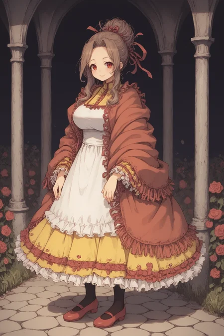 score_9, score_8_up, score_7_up, score_6_up, source anime, BREAK, <lora:Mistel:0.7> , misdef, 1girl, long hair, brown hair, red eyes, hair bun, hair ribbon, ribbon, dress, yellow skirt, frilled cuffs, red shawl, white apron, apron, black pantyhose, red shoes, full body, looking at viewer, smile, happy, mommy, motherly, closed mouth, serene, large breasts, (mature woman), <lora:zy_Detailed_Backgrounds_v1:0.3> , detailed background, highly detailed, exterior, town, village, <lora:d4rkpurpXLP:0.6> , d4rkpurp, (solo),