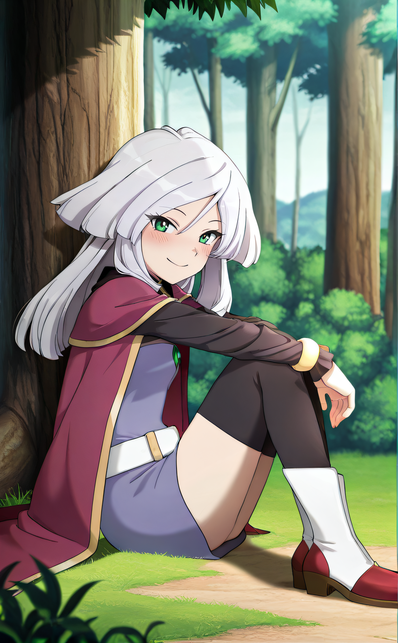 masterpiece, best quality, highres, newest, 1girl, solo, official style, anime screencap, <lora:Tiffany:1>, tiffany. green eyes, grey long hair, purple dress, white belt, cape, long sleeves, red shoes, thighhighs, full body, sitting on grass, tree behind, outdoor, from side, side view, looking at viewer, smile, blush