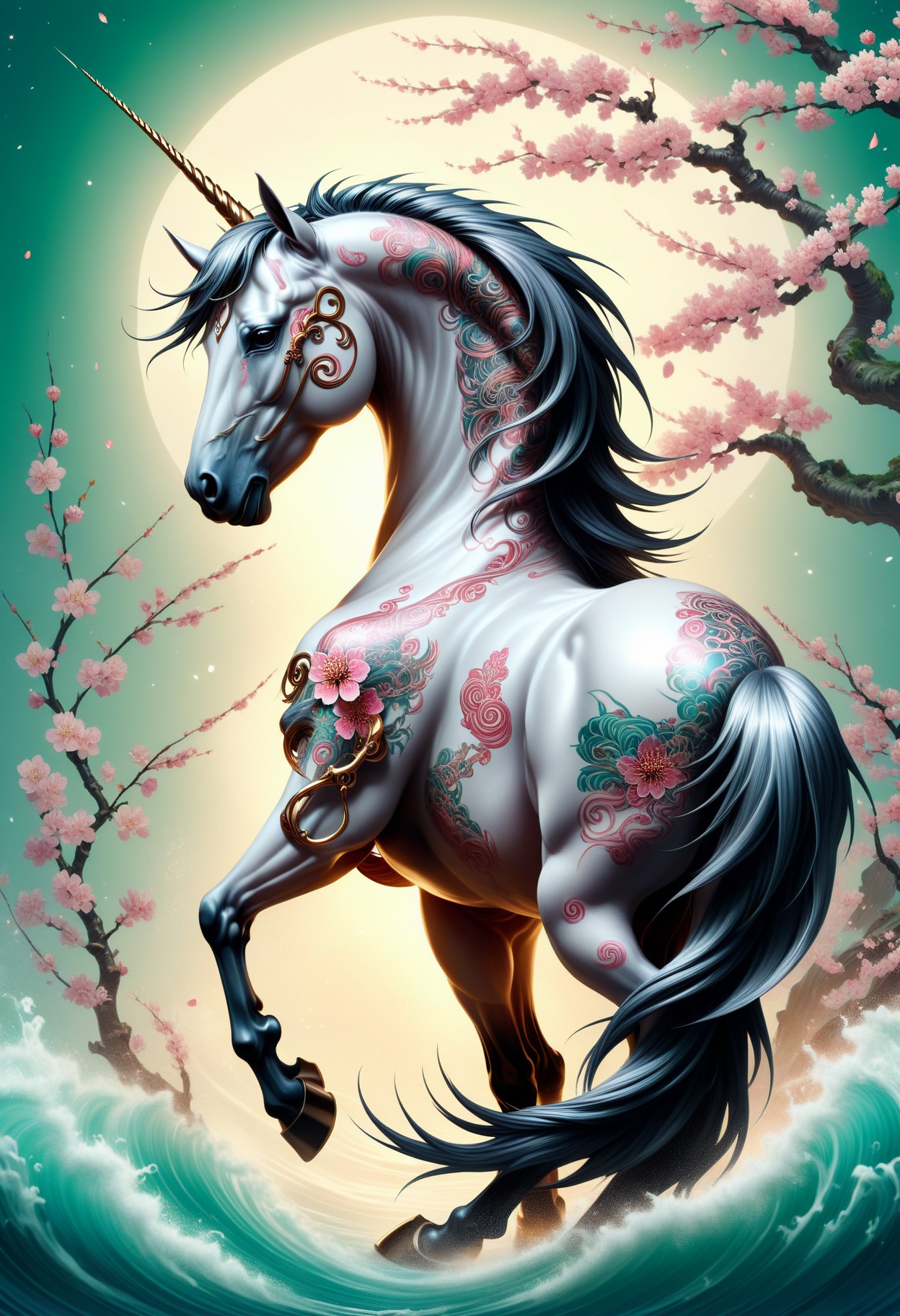 masterpiece, best quality, <lora:EPIrezumiWorldSDXL_epoch_5:1.2>, EPIrezumiWorld, cherry blossoms, tattoo, irezumi, unicorn, mythical majestic horse creature, single horn, light colored long slender spiraled horn, elegant noble posture, gentle wise expression,  purity, grace, magical, enchanting, communal tables,climate zones,duality,invigorating,exploring waters,emerald,3d graphics,spellbinding,blaze,folklore