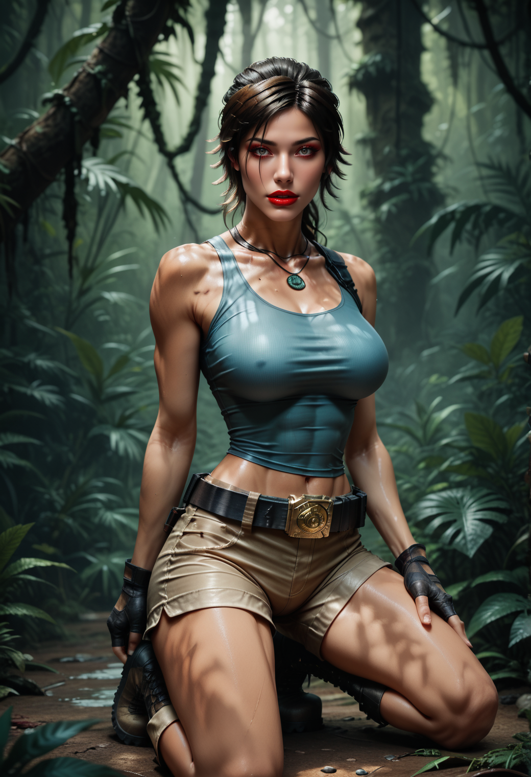 score_9, score_8_up, score_7_up, 1 girl, Jed-LraC ,Lara Croft , A tight tank top, short shorts, combat boots, belt,  tomb raider,  , kneeling, jungle<lora:LaraCroft-000003:1>