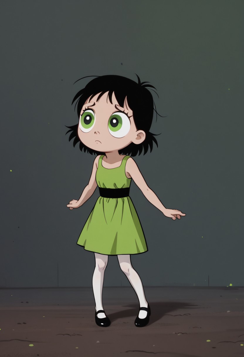 Solo, one character, 
1girl, OriginalButtercup, oval-shaped heads, fair skin, short black hair, large eyes, lime green eyes, stubby arms, stubby legs, no necks, no noses, no ears, no hands, small lime green dress with a black-centered stripe, white tights, black Mary Janes shoes,