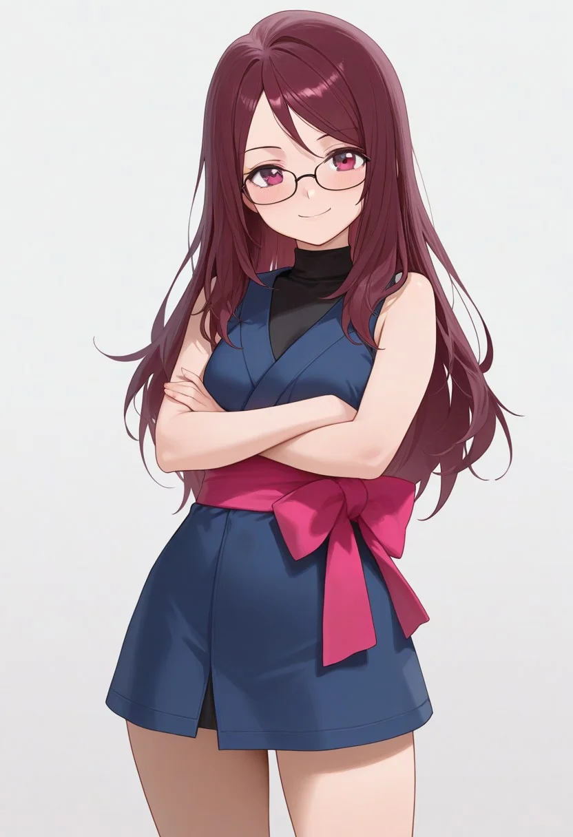 best quality, masterpiece, amazing quality, very aesthetic, absurdres,
1girl, solo,
trainerrissy,
yukata, dark blue sleeveless dress, black turtleneck, short skirt, layered clothing, pink obi sash,
crossed arms, looking at viewer, smile,
simple background