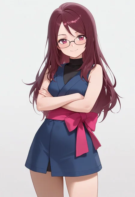 best quality, masterpiece, amazing quality, very aesthetic, absurdres, 
1girl, solo, 
trainerrissy, 
yukata, dark blue sleeveless dress, black turtleneck, short skirt, layered clothing, pink obi sash, 
crossed arms, looking at viewer, smile, 
simple background