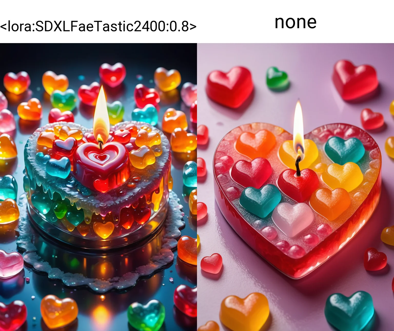 a melting candle made of gumdrops in the shape of a heart <lora:SDXLFaeTastic2400:0.8>, fantasy, extremely detailed, beautiful, sparkly gummy melting hearts, high quality, extremely elegant