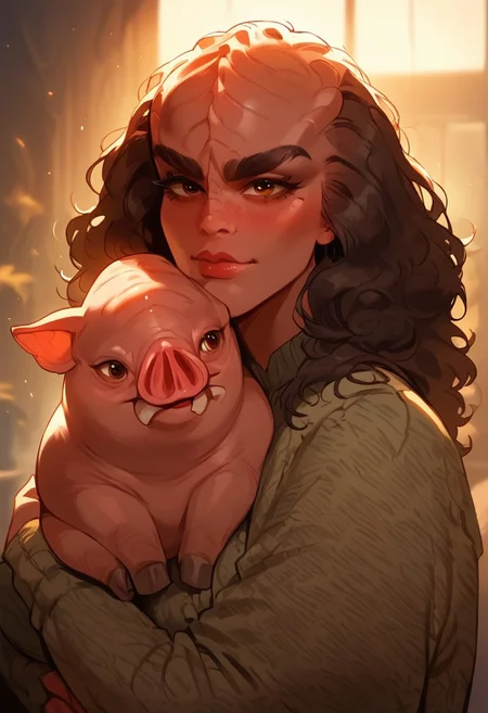 score_9, score_8_up, score_7_up, score_6_up, p3tl0v3, 1girl, kling0n alien female, dark brown skin, large forehead ridges, large eyebrows, hugging an adorable alien warthog creature,