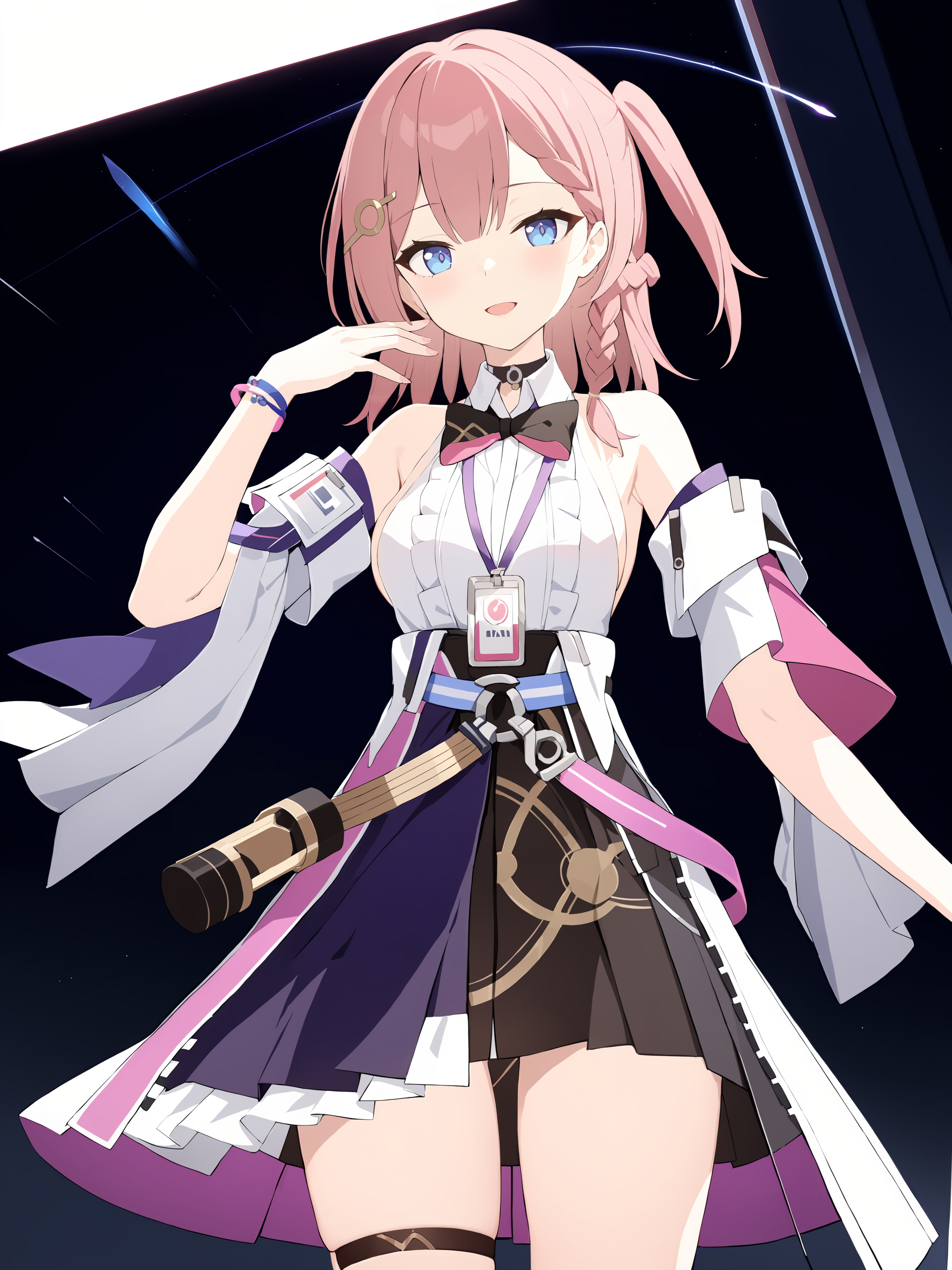 1girl, asta \(honkai: star rail\), detached sleeves, sleeveless shirt, id card, high-waist skirt, overskirt, thigh strap, bracelet, hairpin, belt, bowtie, choker, looking at viewer, starry sky, shooting star, smile, open mouth, hand to own mouth, cowboy shot, standing  <lora:Char-HonkaiSR-Asta-XL-V1:0.8> <lora:XL-tool-extremely_detailed:1>, masterpiece, best quality, perfect features, extremely detailed, intricate details, ray tracing, very aesthetic, (hitenkei, askzy:0.4)