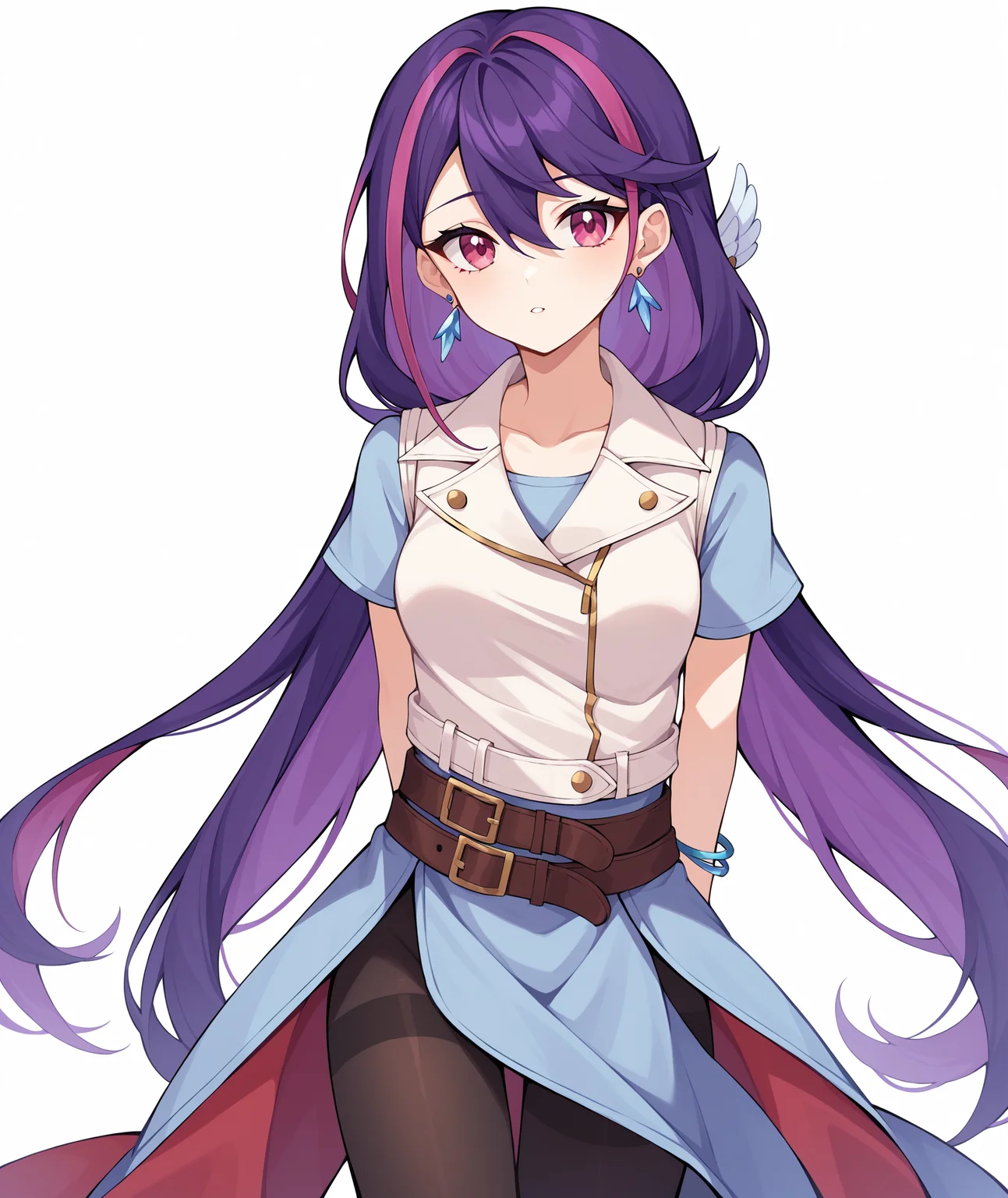 score_9, score_8_up, score_7_up, score_6_up, score_5_up, score_4_up, BREAK, source_anime, best quality, masterpiece, 2d, intricate details, official style, anime, 4k, anime style,
pobsidian, 1girl, solo, hair between eyes, very long hair, purple hair, long hair, pink eyes, two-tone hair, breasts, bangs, hair ornament, red eyes, streaked hair,
dress, collarbone, jacket, short sleeves, vest,pantyhose, multicolored hair, sleeveless, belt, black pantyhose, brown belt, jewelry, earrings, bracelet, kurosaki ruri,
arms behind back, cowboy shot, looking at viewer, white background, simple background, <lora:add_details_xl:0.4>, <lora:Obsidian_Pony:1>