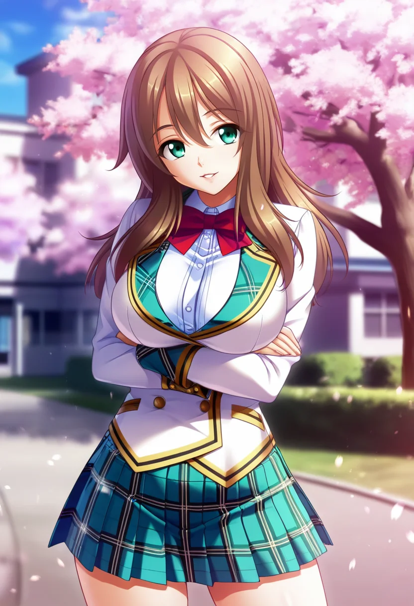 masterpiece, best quality, amazing quality,nanako nomiya, green eyes, brown hair, 1girl, solo, school uniform, long hair, large breasts, pleated skirt, breasts, plaid, red bow, white blazer, white shirt, green plaid skirt,crossed arms, parted lips, light smile, standing, looking at viewer, cowboy shot, blurry background, outdoors, school, cherry blossoms <lora:nanako nomiyaV1:0.9>