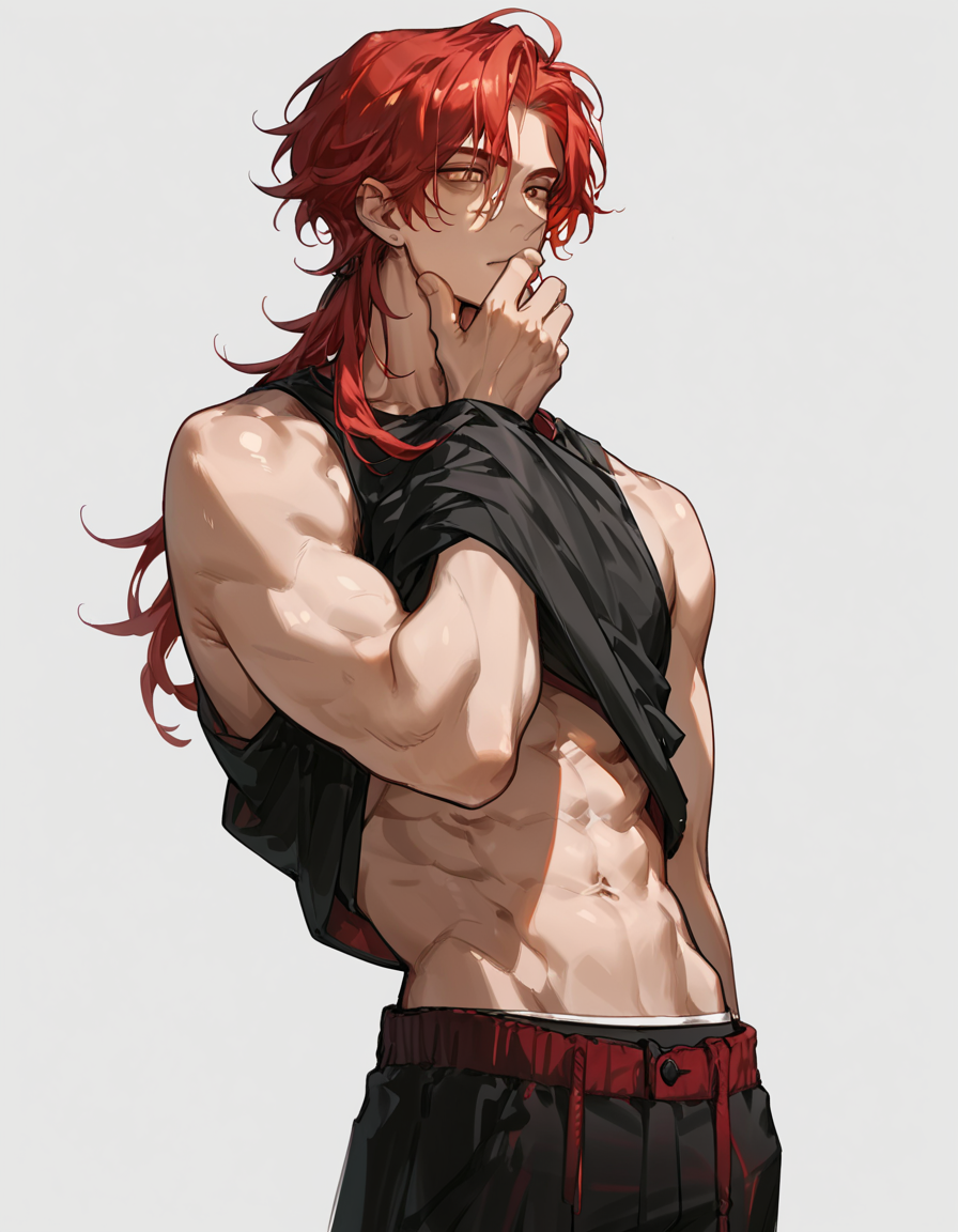 score_9, score_8_up, score_7_up, score_6_up, score_5_up, score_4_up, 1boy, long red hair, gothic tank top, pants, solo, hud_gu1lty, abs, shirt lift, clothes lift, hand on own face, navel, <lora:guilty-000009:0.7>, from side