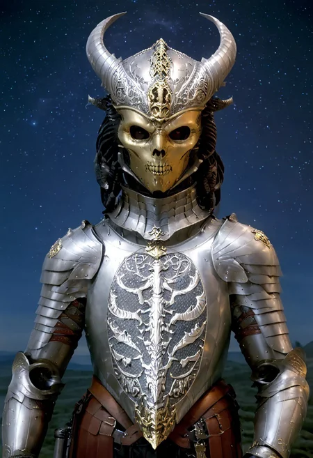 An insanely Detailed Divine Xenomorph, elfish, Golden and silver in color, cyberpunk, a crimson tinge to the golden color, Hyperdetailed, Omnipresent, Beautiful, Sinister overtones, otherworldly,((masterpiece, best quality)), fantasy, solo, 1 alien knight, silver armor chestplate with silver medieval ornaments and runes, galactic night sky background, perfect composition, sidelighting, outdoor,Ornamental armor