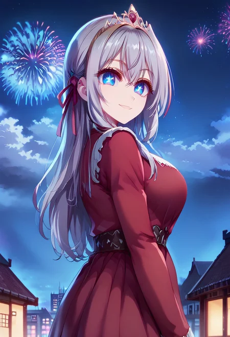 score_9, score_8_up, score_7_up,source_anime, jvdaniang, planet size, 1girl, alyav4, long hair, grey hair, blue eyes, ribbon, hair ribbon, hair between eyes, symbol-shaped pupils, eyelashes, tiara, g0dd3ss, dress, lace high heels, large breasts, night scene, sitting on ass, sitting on building, surrounded by buildings, full body shot, facial expression, kind, smile, head tilt, soft eyes, dreamlike atmosphere, fireworks, glowing edges, mystical, high contrast, ethereal light, side view, gl0w, glow, Extreme Size Difference, gradient eyes, beautiful detailed eyes, high gradient eyes, detailed eyes, high definition eyes,
