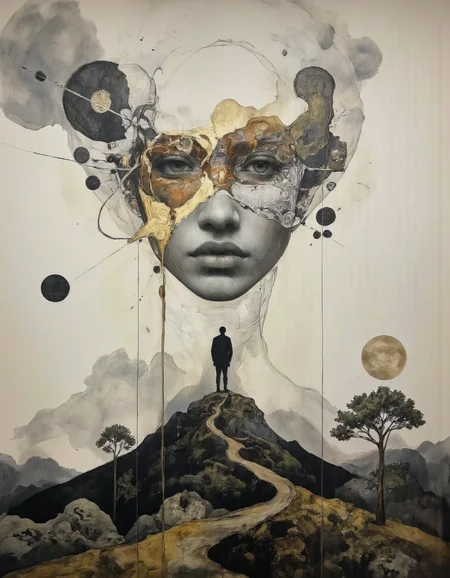 Create portraits of individuals with distorted features, floating in ethereal landscapes., inspired by René Magritte, Surrealism, whimsical , Integrate elements of technology and machinery into the portraits, such as circuitry or cybernetic implants, blurring the lines between human and machine. <lora:Flux_Photography:0.56> <lora:Defluxion_v1:0.4> <lora:Dorota_Pietrowiak:0.65> <lora:Illustration_concept_Variant_3:0.75> <lora:Chris_Luka:0.75>