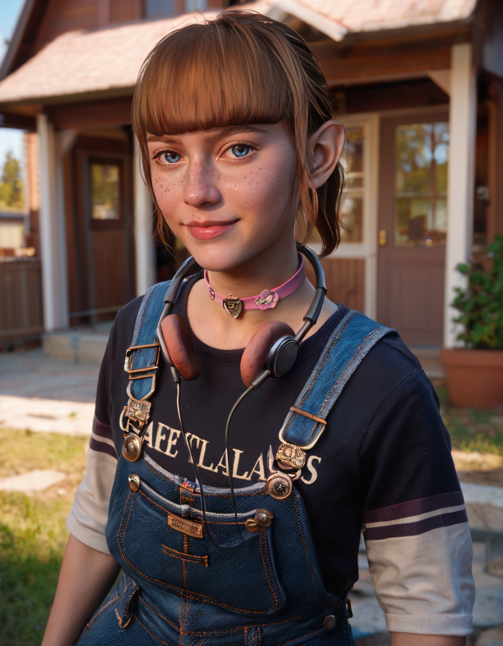 CyberRealisticPony_POSV1, <lora:kat_v1.9-000013:0.8>, 1girl, young, k4tgirl, dark blue eyes, brown hair, short ponytail, sidelocks, blunt bangs, freckles, pink choker, headphones around neck, striped shirt, blue overalls, thighs, looking at viewer, looking at viewer, outside, house, depth of field, <lora:StS_PonyXL_Detail_Slider_v1.4_iteration_3:3>