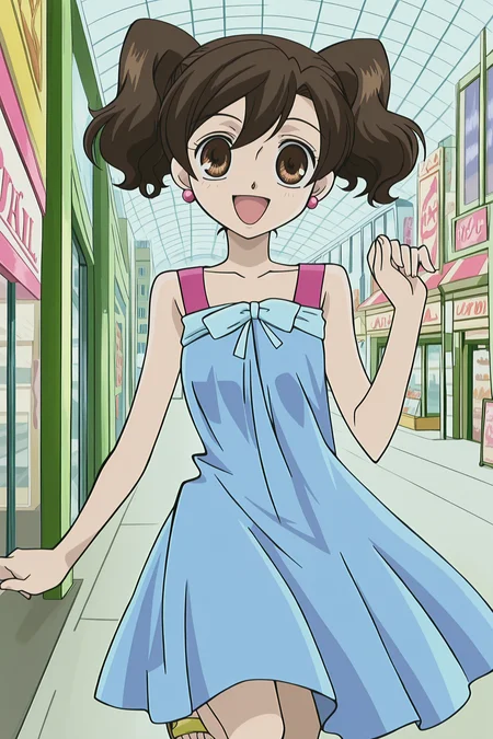 anime screencap, anime coloring, detailed face, perfect fingers, masterpiece, best quality, very aesthetic, absurdres, volumetric lighting,
<lora:Haruhi_Fujioka_and_Renge_Houshakuji_Ouran_High_School_Host_Club:1>
in a city, outdoor shopping mall,
Haruhi Fujioka (character), 1girl, solo, brown hair, brown eyes, Hahuri date outfit, Short hair, twintails blue dress, earrings, jewely, bare shoulders, sandals, legs, toes,
girl directly facing the viewer, girl looking at the viewer, mouth open, big smile, happy girl, cute girl, detailed face, detailed eyes, traditional media, Ouran High School Host Club anime art style, official anime artwork, retro artstyle, 2000s anime look