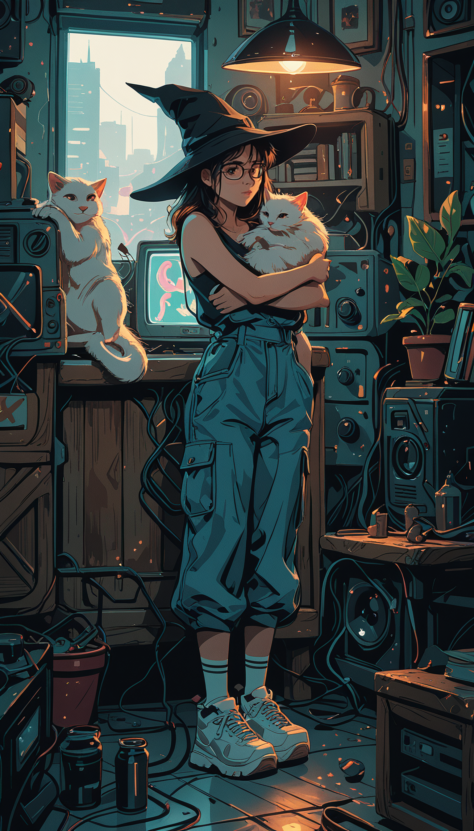 masterpiece, Shinkaistyle,
pinkretroanime, retro art,
Cyberpunk Style, cyberpunk, science fiction, hi tech, future tech, neon, (Cybernetics:1.25), (Neon Cityscape:1.4), (lineless:1.5), smooth edges, (lighten the face:1.5), tall body, slender body, fit body, long legs, In the center of the image, there's a young girl with her back turned to us. She's dressed in a casual outfit with a black tank top and blue jeans, her attention drawn to something outside the frame. The girl is holding a small white kitten that she seems to be cuddling or petting. She stands in front of a wooden door with a small window on top, through which can be seen a hint of the world outside. To her left, there's a shelf filled with books and what appears to be a laptop, suggesting an indoor setting that could be a home or a study area. The shelf is lined with various objects, creating a somewhat cluttered yet lived-in appearance. The girl casts a soft, warm glow on the scene as she is illuminated by an unseen light source from the left side of the image. This light casts shadows to her right, indicating that the main light source is off-camera and coming from her left. The background features a kitchen counter with various items on it, including what looks like cups, bottles, and possibly some food or cooking ingredients. A potted plant adds a touch of greenery to the scene, positioned near the window above the door. The floor is covered with wood planks, adding to the homely atmosphere. The overall tone of the image is cozy and warm, evoking a sense of everyday life captured in a moment of quiet affection between the girl and her kitten. The colors are soft and pastel, giving the scene a serene and comfortable vibe., 1girl, solo, long hair, looking at viewer, smile, short hair, brown hair, shirt, black hair, 1boy, hat, holding, brown eyes, closed mouth, standing, full body, white shirt, flower, male focus, shoes, glasses, sleeveless, socks, pants, indoors, black eyes, sketch, book, black headwear, hug, witch hat, glowing, animal, chair, table, cat, white footwear, bottle, bug, plant, white socks, butterfly, sneakers, carrying, androgynous, ghost, hand in pocket, oekaki, witch, potted plant, light, lamp, overalls, computer, television, monitor, shelf, laptop, shop, white cat, overall shorts