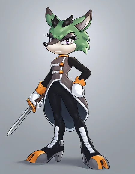 score 9, score 8 up, score 7 up, score 6 up, score 5 up, score 4 up, source_furry,colored, highly detailed, countershading, <lora:Smooth Style 2 SDXL_LoRA_Pony Diffusion V6 XL:1>, <lora:Clove_the_Pronghorn_XL:1>, Clove the Pronghorn, green hair, green fur, high heel boots, purple eyes, white gloves, short hair, black pants, eyelashes, long sleeves, eyeshadow, sleeveless dress, holding sword, battlefield background, angry
