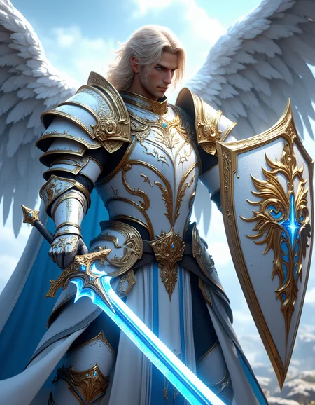 Cinematic realistic shot of a male paladin, wearing white armor with blue and golden details, (holding a glowing sword in right hand and a detaild shield in left hand infront of him:1.2) in an attacking pose, big angel wings on back, heaven in background, hkwarrior, super realistic and detaild, mythp0rt, sword and shield  <lora:FluxWeaponSwordShield:1> <lora:FluxFantasyKnightsV1:0.75> <lora:FluxMythP0rtr4itStyle:0.75>