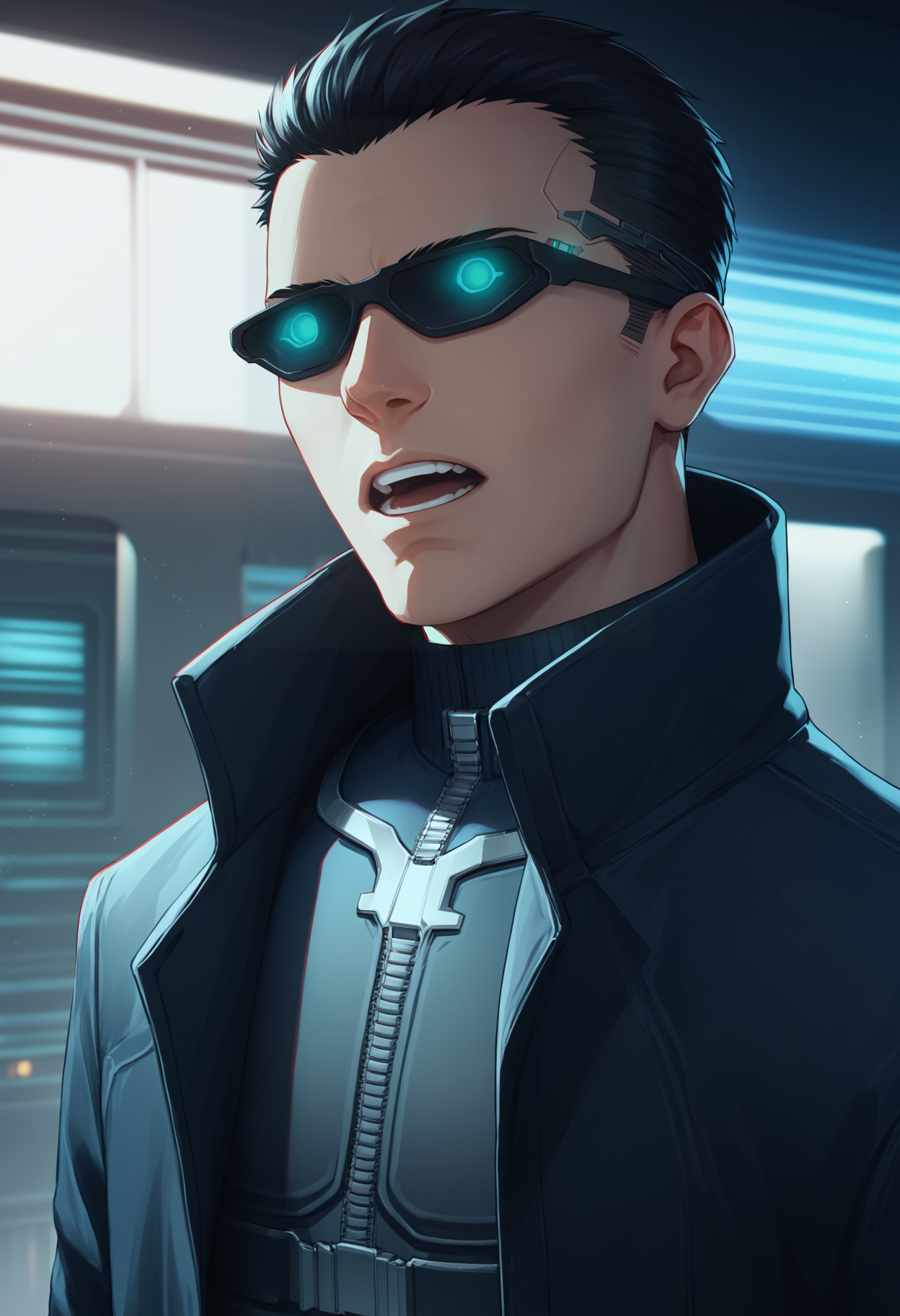 score_9, score_8_up, score_7_up, source_anime BREAK <lora:jcdenton-deusex-richy-v1_pdxl:1> 1boy, solo, male focus, standing, jde, sunglasses, black hair, short hair, black coat, trench coat, standing, indoors, cyberpunk, science fiction, looking at viewer, open mouth, teeth, close-up