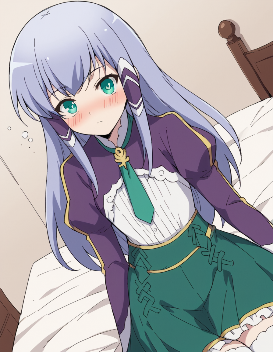 score_9, score_8_up, score_7_up, source_anime, <lora:elze-silhoueska-s2-ponyxl-lora-nochekaiser:1>, elze silhoueska, long hair, blue eyes, green eyes, blue hair, aqua eyes, hair tubes,, skirt, thighhighs, white thighhighs, puffy sleeves, white shirt, necktie, green necktie, purple sleeves, green skirt, frilled skirt, indoors, bed, bed room, on side, blush, drunk,, , v,, looking at viewer, solo,, dutch angle, cowboy shot